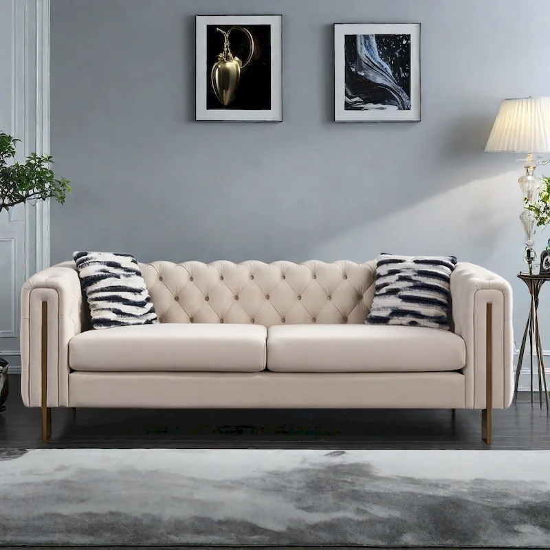 84.25 Velvet 3-Seater Sofa with Button Tufting, Gold Metal Legs, Pocket Spring And Foam Cushioning, 700 lb Capacity