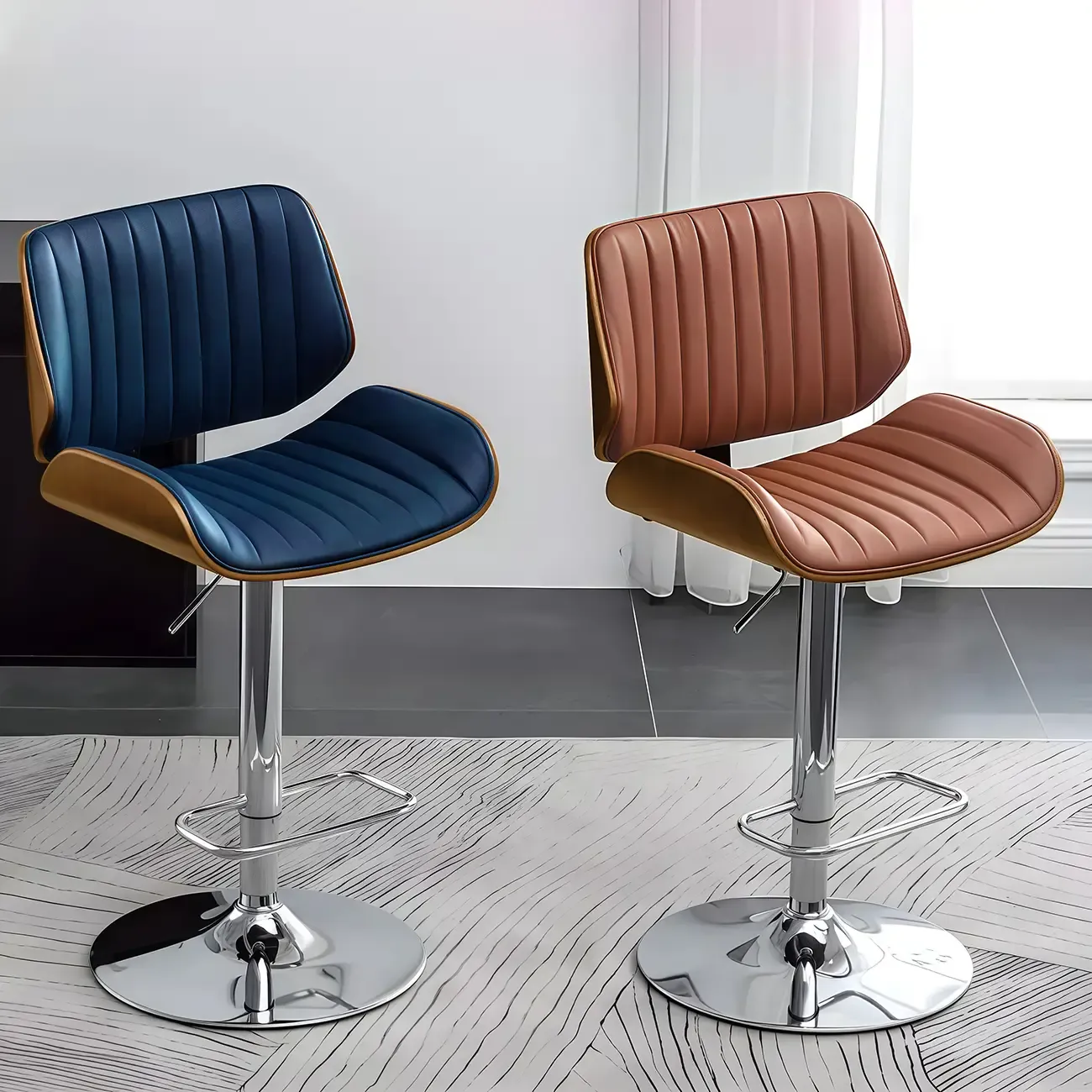 Elegant Wood Leather Red Swivel Adjustable Bar Stool