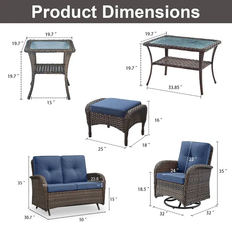 7 Piece Patio Glider Loveseat Sets with Swivel Chair - Brown