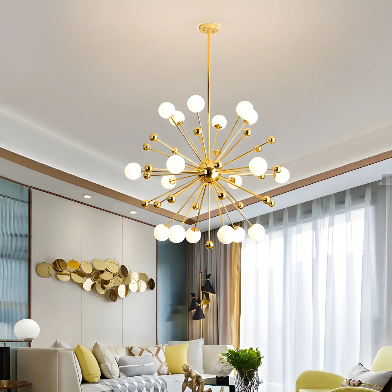 Modern Gold Sphere Sputnik Chandelier with White Glass Shade