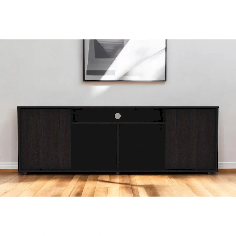 Modern Black TV Stand for 65 Inch TVs with Cabinets and Open Shelves and Wenge Wood Finish - 20 H x 59 W x 15 D