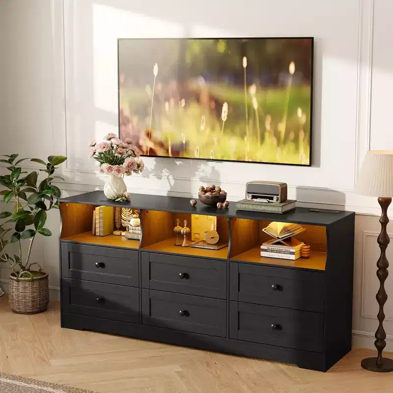6-Drawer Dresser with RGB Lights & Power Outlet, Black / Gray / White