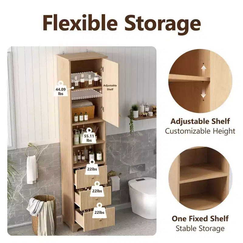 Clihome 67.7 Tall Freestanding Bathroom Cabinet, Traditional American Style,with Adjustable Shelf,Space-Saving Design