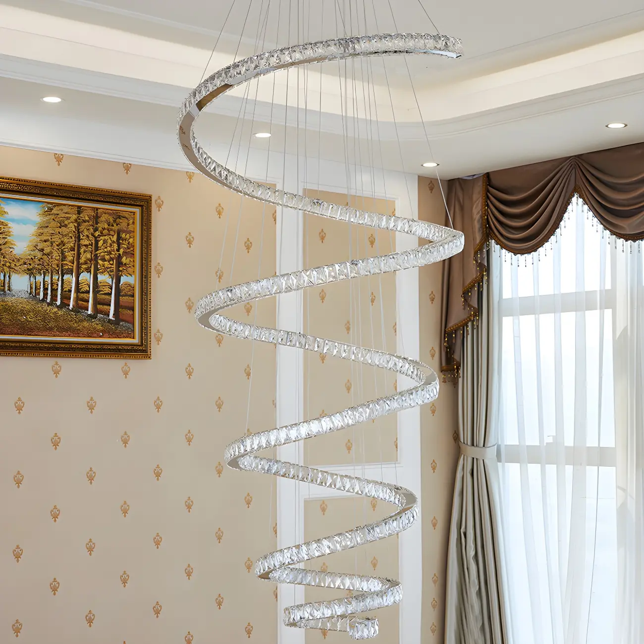 Large Modern Spiral LED Ceiling Crystal Chandelier Tiered Light
