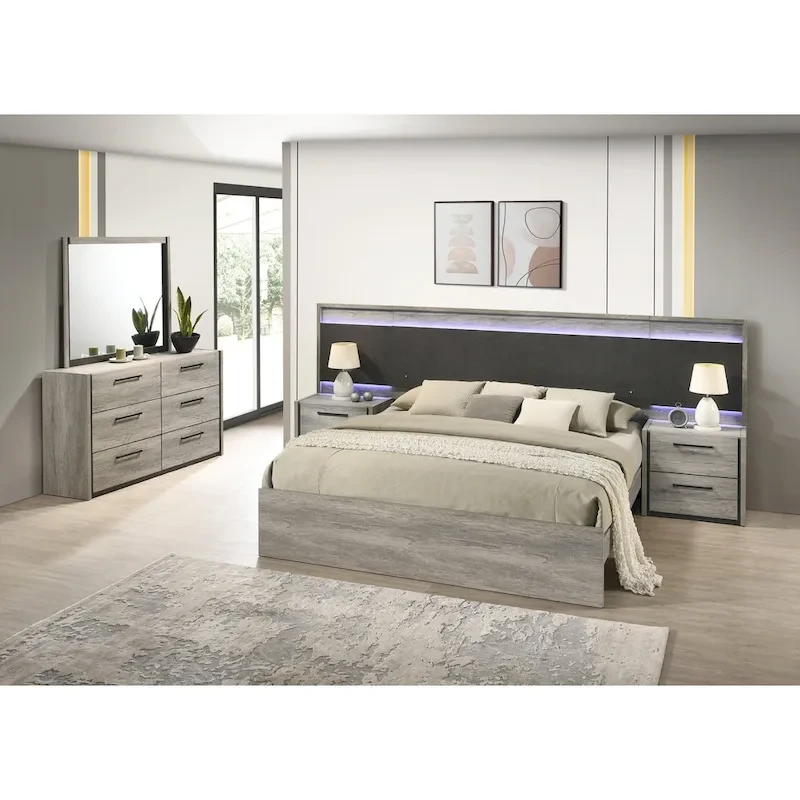 Roundhill Furniture Lenca LED Wallbed with Nightstands, Dresser, and Mirror - Weathered Gray
