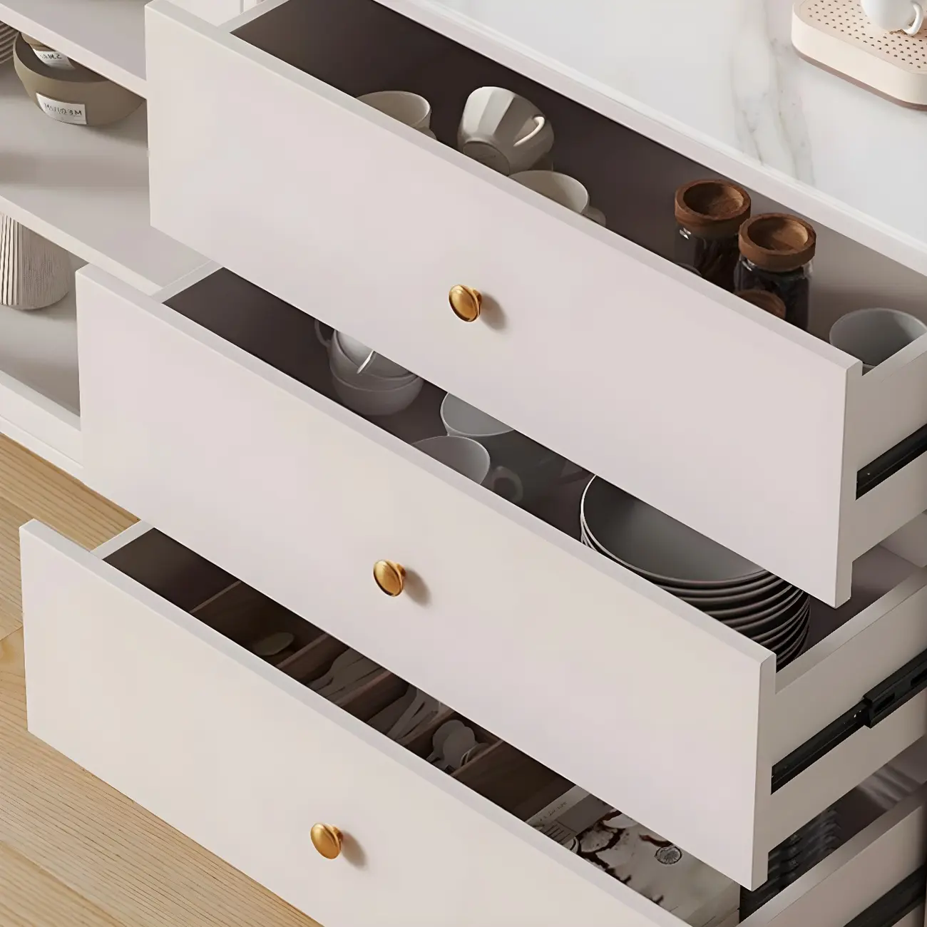 Glam White Wooden Buffet Table with Drawers & Shelves