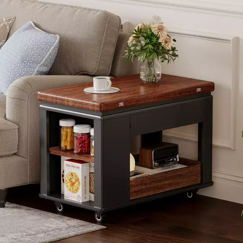 Bestier 27.6'' Modern Coffee Table, Multi-Functional Side Table with Foldable Top, Casters, Drawer, Open Shelf, Hidden Compartment storage