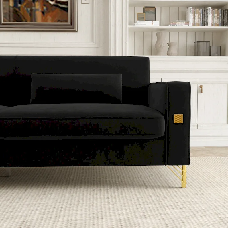 Black 85.63 Velvet 3-Seater Sofa with Gold Accents