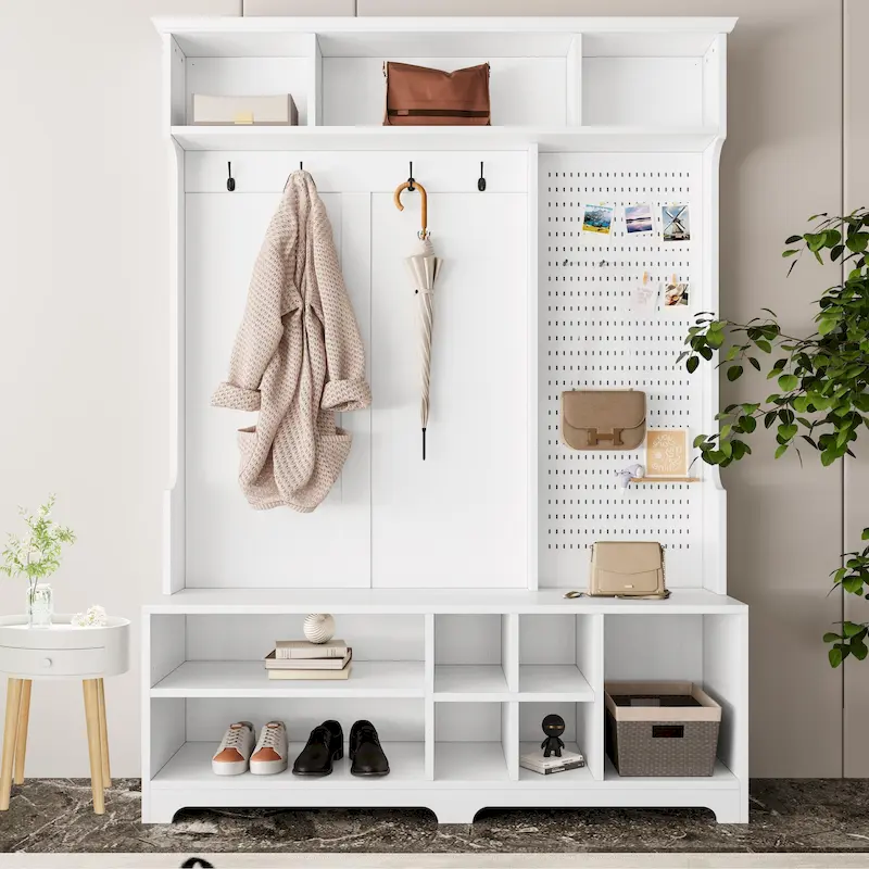 Hall Tree with Shoe Bench, Coat Rack, Shelves and Pegboard