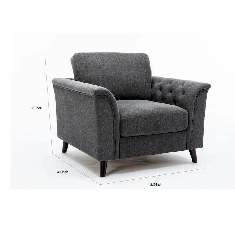 37 Inch Accent Sofa Chair, Tufted Arms, Padded, Gray Linen, Solid Wood