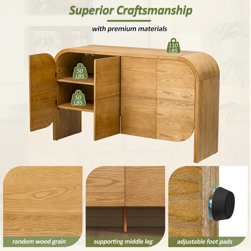 Wooden Sideboard Buffet Cabinet with Curvy Edge & Adjustable Shelves