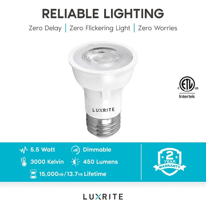 Luxrite PAR16 LED Bulb, 50W Equivalent, 450 Lumens, Dimmable, Enclosed Fixture Rated, ETL, Damp Rated, E26 Base (6 Pack)