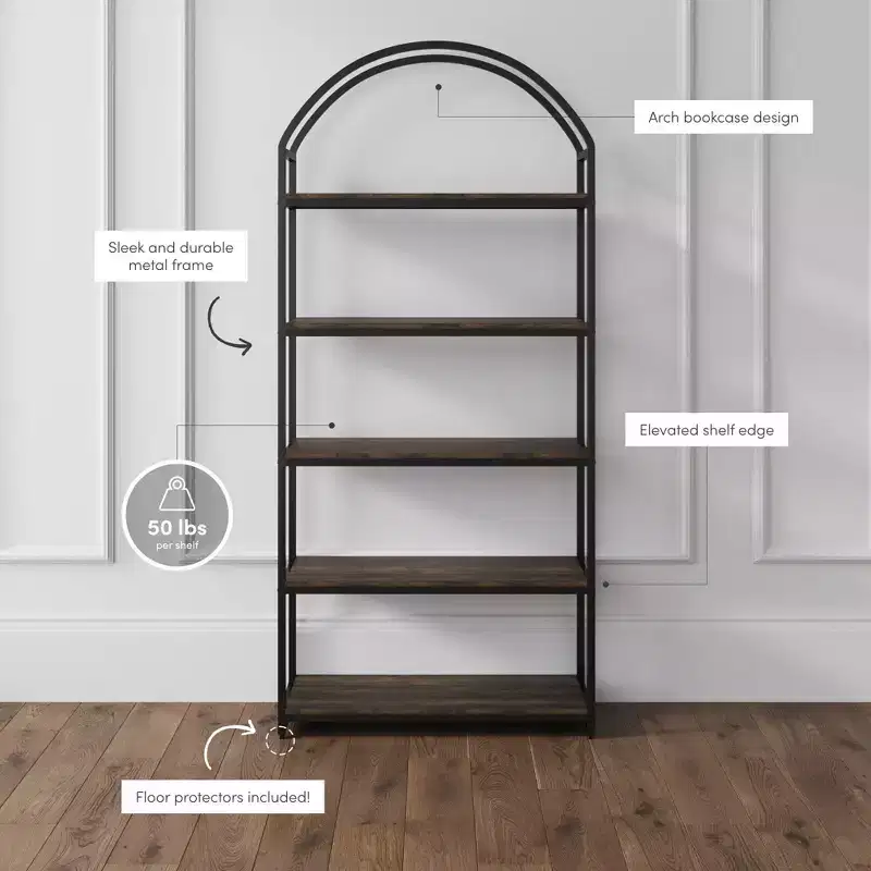 Nutmeg & Black 5-Shelf Industrial Metal Bookcase