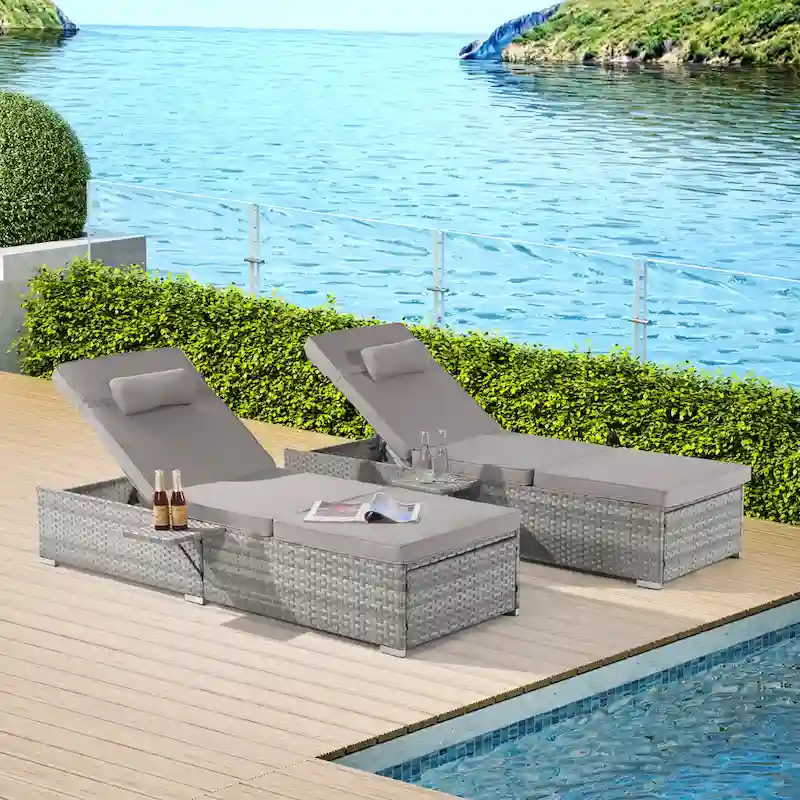 GDFStudio - Amelia Outdoor Chaise Lounge Chair Set of 2 with Adjustable Recline and Side Table for Poolside Relaxation