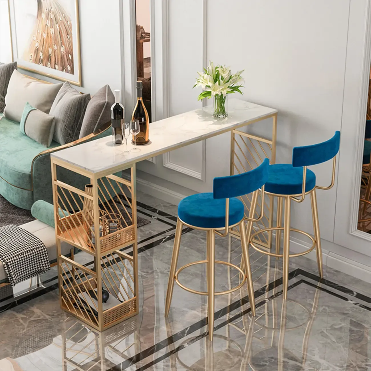 Lavish White Marble Gold Iron 2-Layer Storage Bar Tables