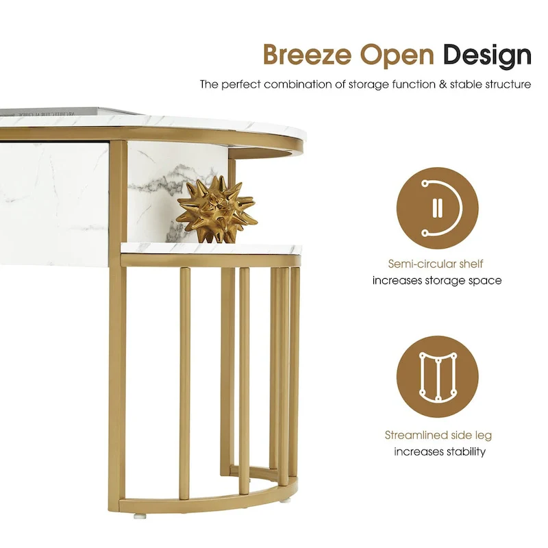 Ivinta White Sofa Table, Modern Faux Marble Top, Console Table with Gold Metal Frame