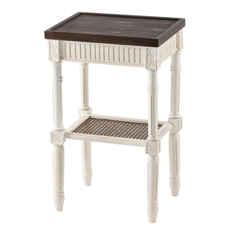 French Country Side Table, White/Black, Tray Top & Wicker Shelf, Distressed