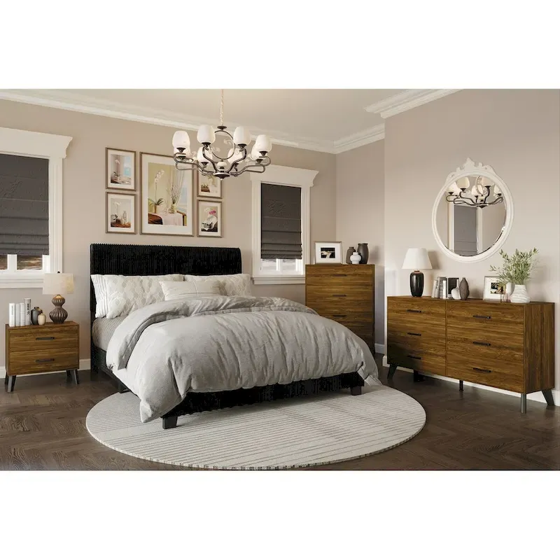 CraftPorch Corduroy 4-pieces Mid-Century Modern Black Bed with Brown Furniture Bedroom Set