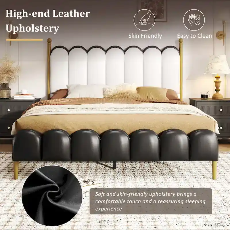 Christopher Knight Home - Leather Upholstered Bed with Headboard & Footboard, Solid Wood Slats & Legs, No Box Spring Needed