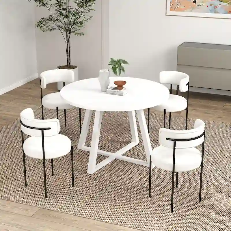 5-Piece Round Dining Set, Trestle Dining Table with 4 Boucle Chairs