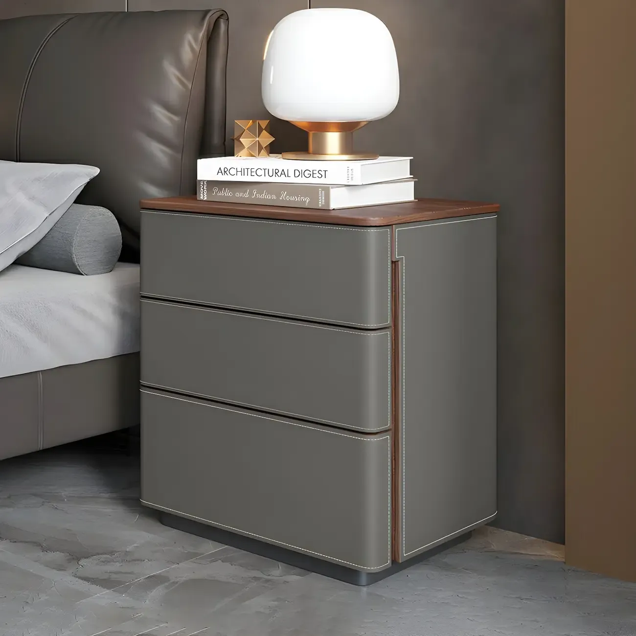 Modern Faux Leather Wood Top Drawers Nightstand