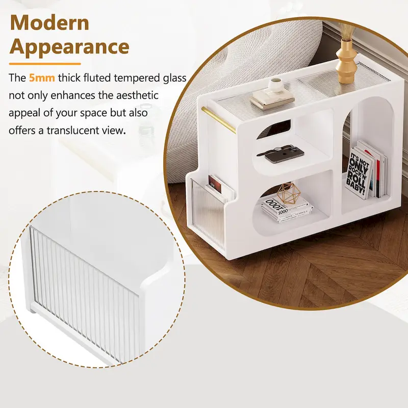 31.5 Modern Mobile End Table with 5mm Thick Fluted Tempered Glass, Lockable Wheels and Golden Round Rod