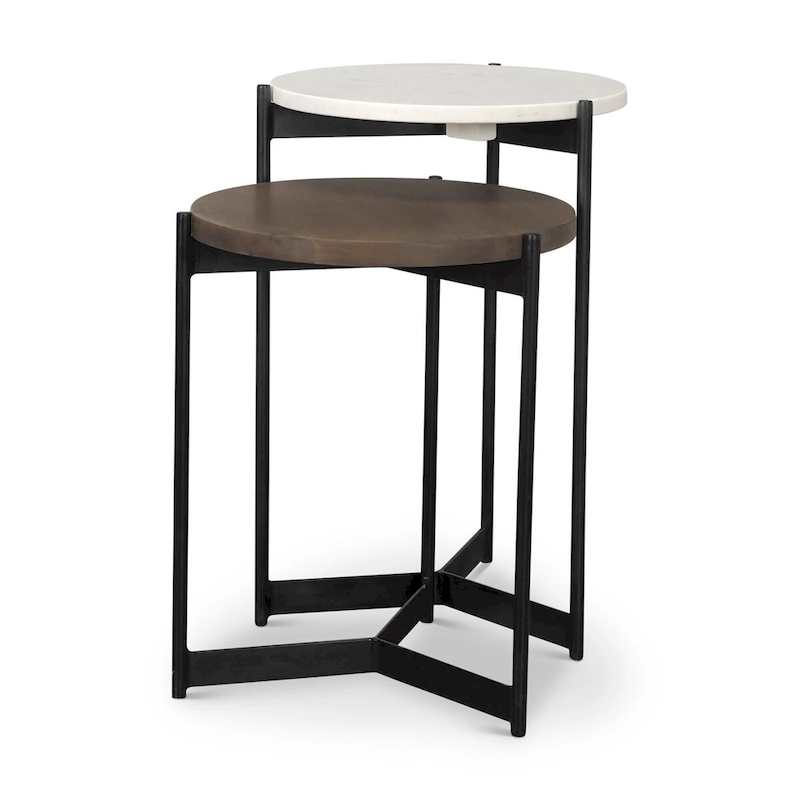 Larkin Marble & Dark Brown Wood Tabletop Nesting End/Side Tables