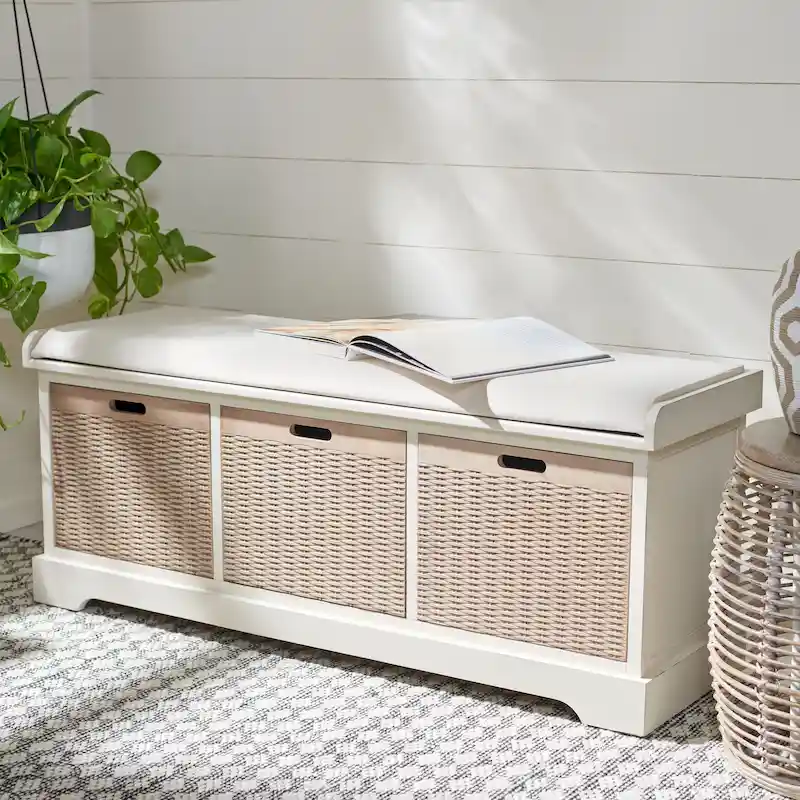 SAFAVIEH Fiorello 3-Drawer with Cushion Storage Bench - 47.3 W x 15 L x 19 H - 47Wx15Dx19H