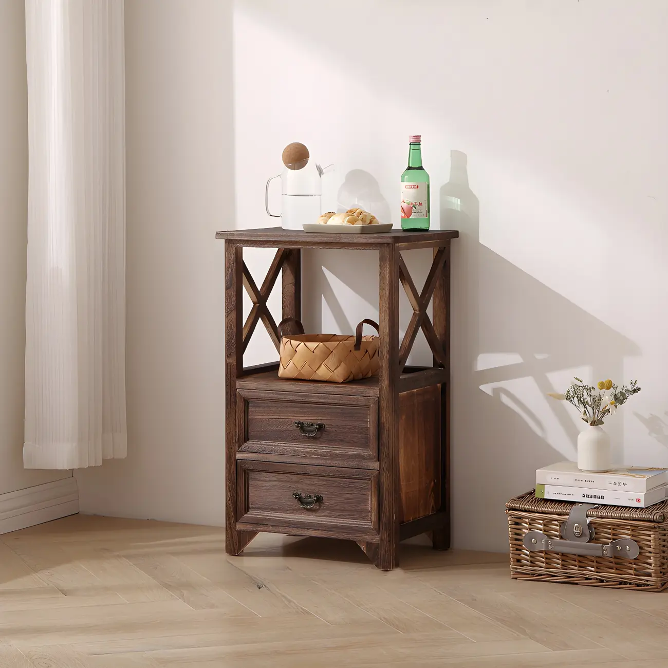 Industrial Rectangular Brown Wooden Drawer Cabinet