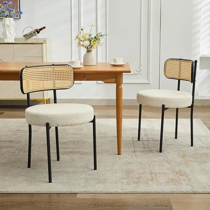 XINMICS Mid-Century Modern Dining Chairs, Boucle Upholstered Metal Side Chair with Rattan Cane Back, Set of 2 - set of 2