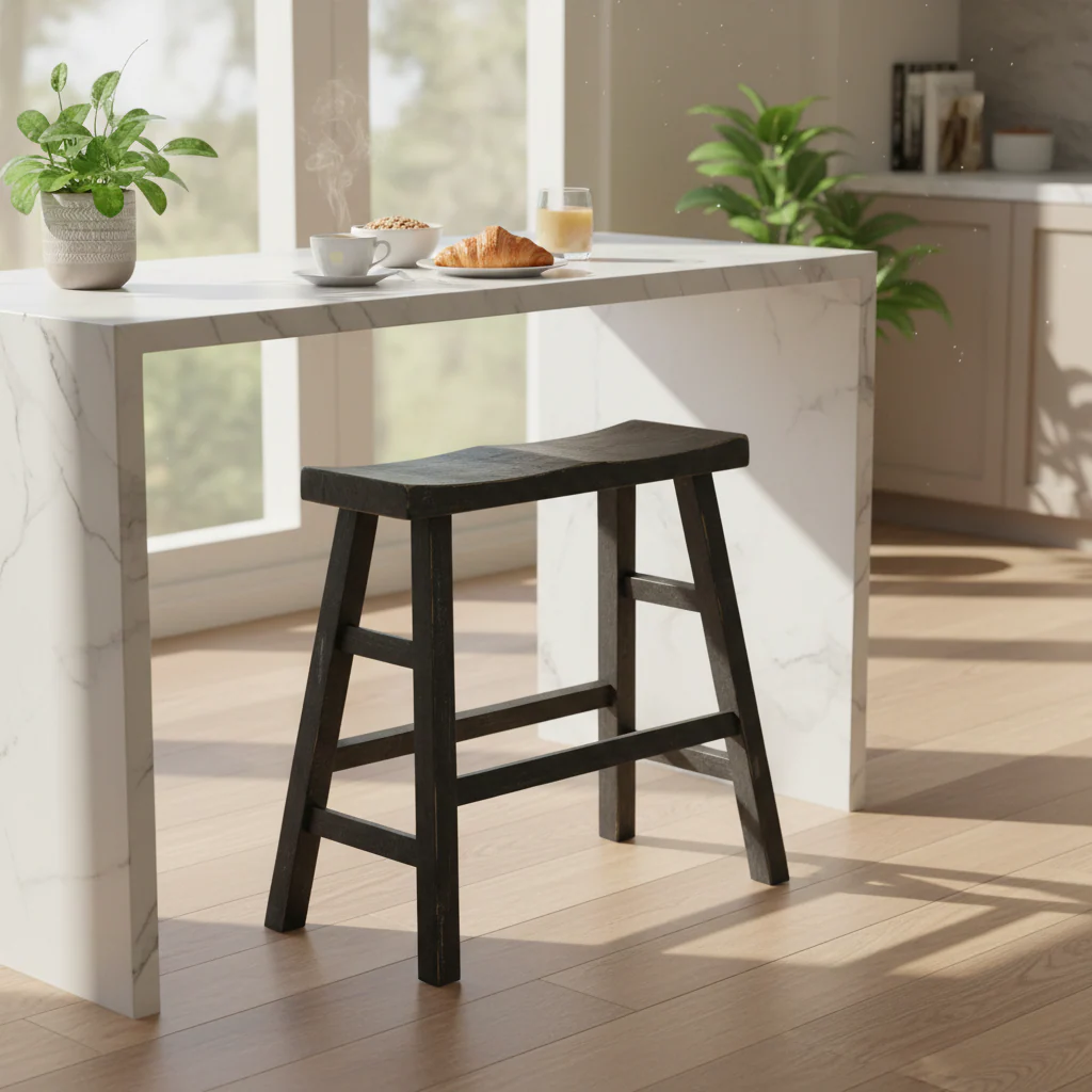 Counter Height Bench, 33 Inch Rustic Black Mahogany Wood Frame