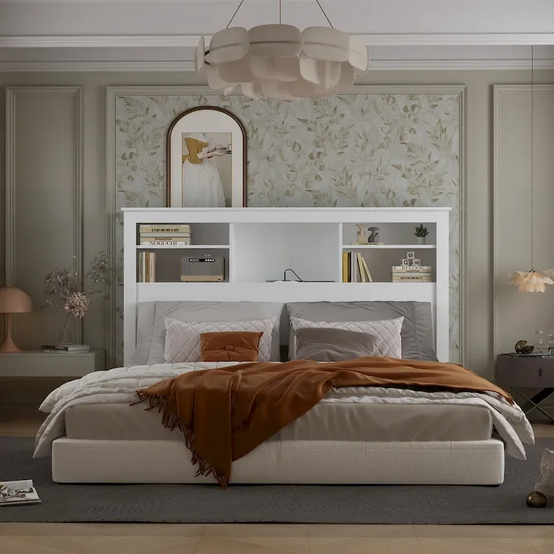 White Bookcase Headboard with RGB LED Lights and Adjustable Shelves – Queen, Single Bed