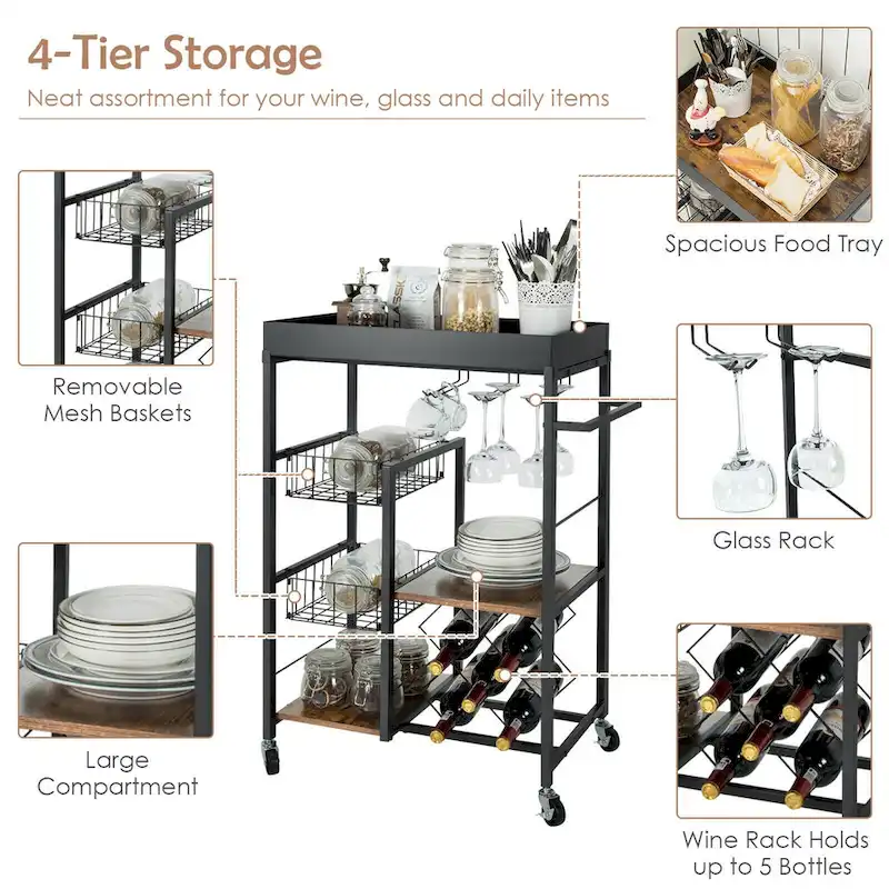 Gymax 4-Tier Kitchen Bar Cart Rolling Serving Trolley Wine Rack - See Details