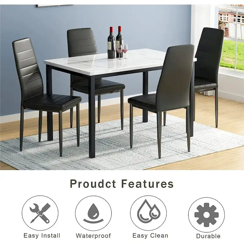 Mieres Modern Style 5-Piece Faux Marble Top Dining Table Set with 4 Faux Leather Upholstered Dining Chairs