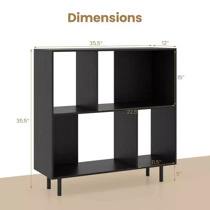 Black/Natural/White Mid-Century Modern 4-Cube Open Bookshelf, Single