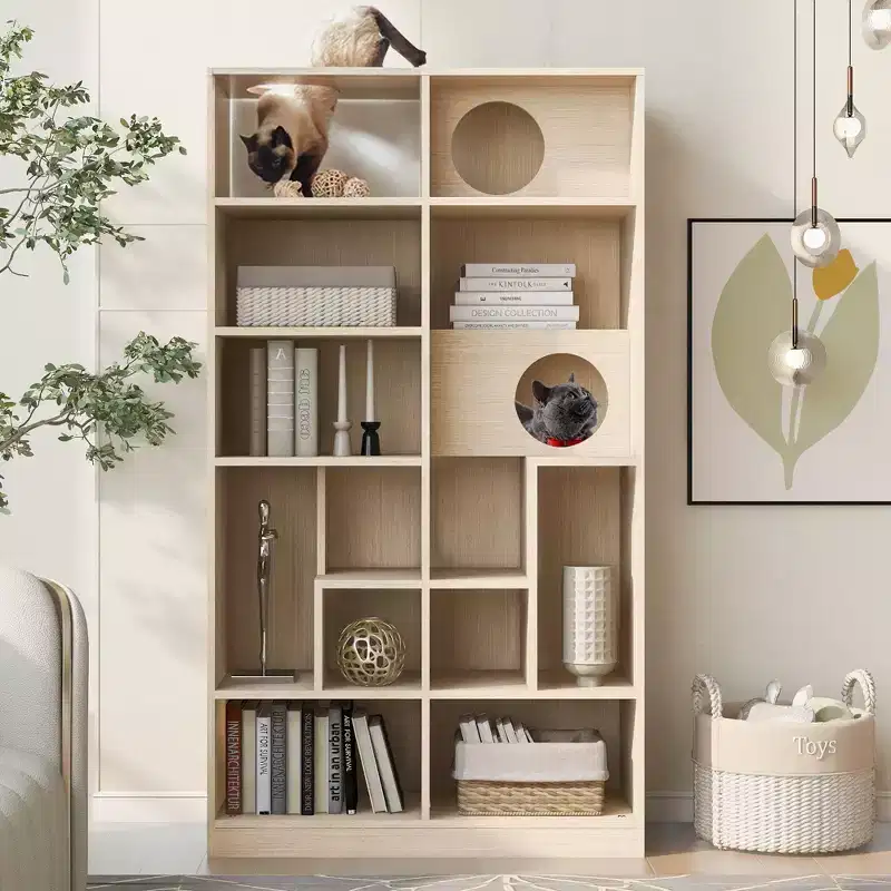 Okak Modern Bookshelf with Cat Litter Box, Display Case with Cat Climbing Shelf, 2 in 1 Bookcase for Living Room, Bedroom, Natural