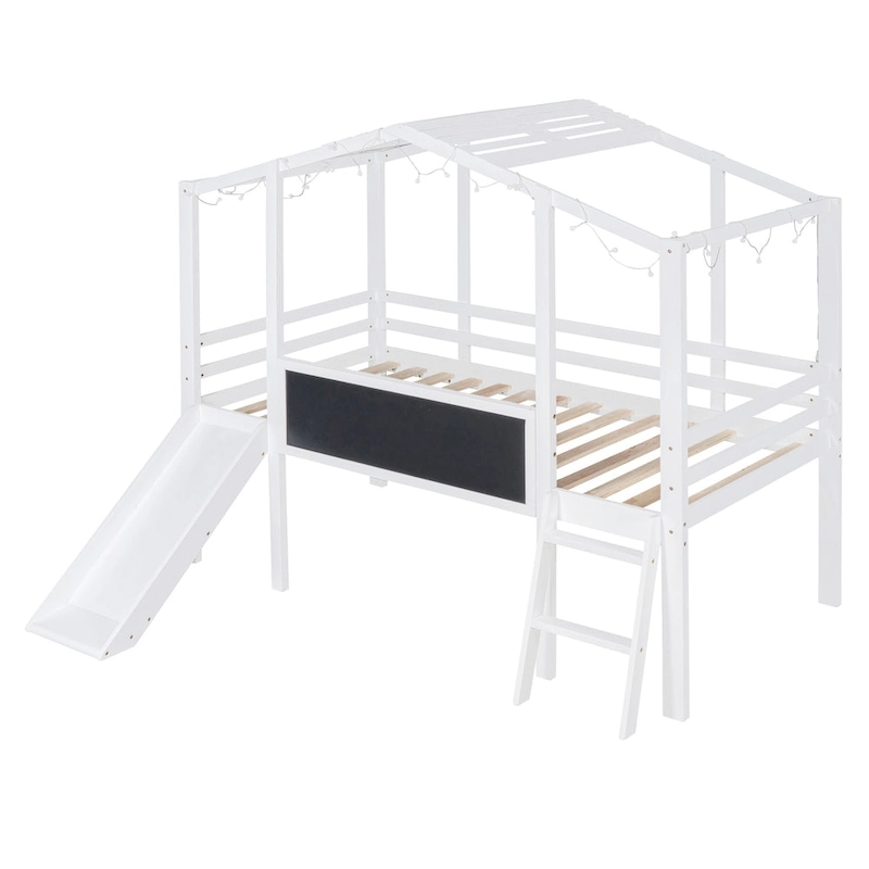 Twin Size Loft Bed with Ladder and Slide, House Bed with Blackboard