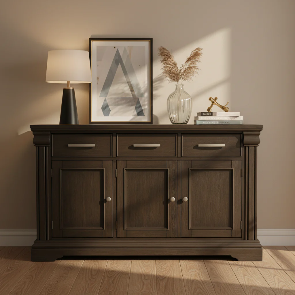 60 Inch Sideboard Server Buffet, 3 Drawer 3 Cabinet, Rustic Brown Wood