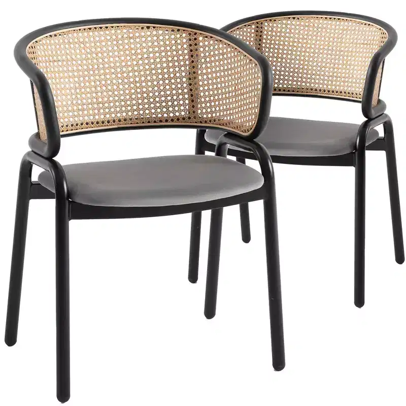 Velvet Upholstered Dining Chair with Woven Rattan Back, Set of 2
