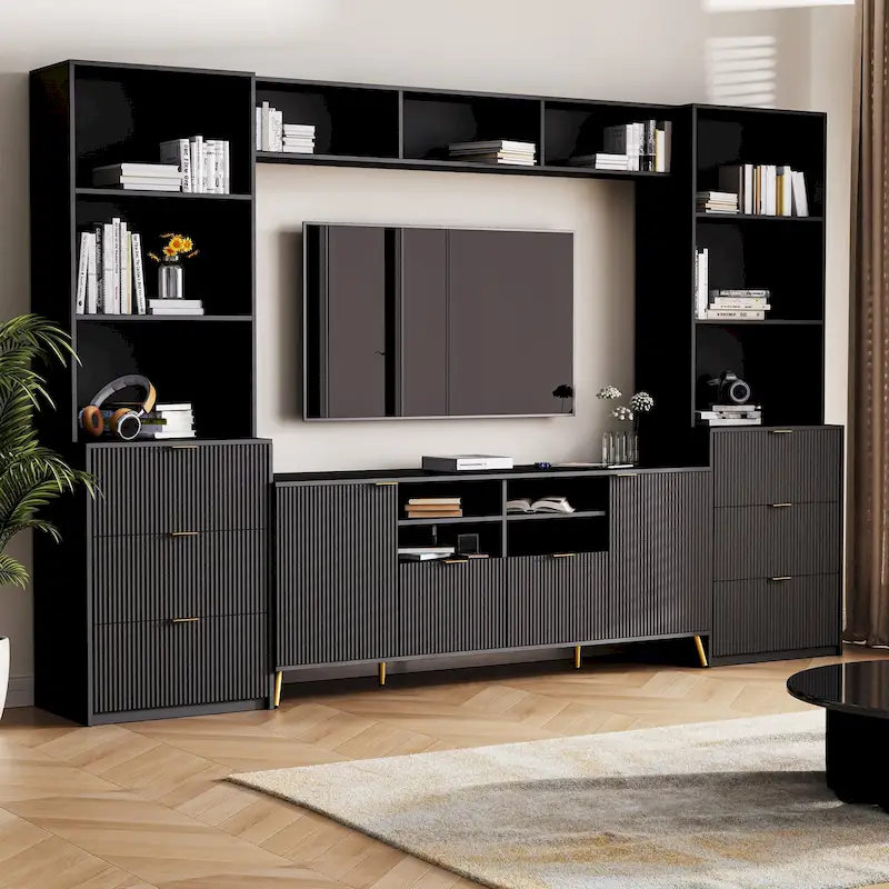 Large Entertainment Wall Unit w/ Large Storage Wall Mounted TV Stand w/ Open Bookshelf Media Cabinet for TVs Up to 70