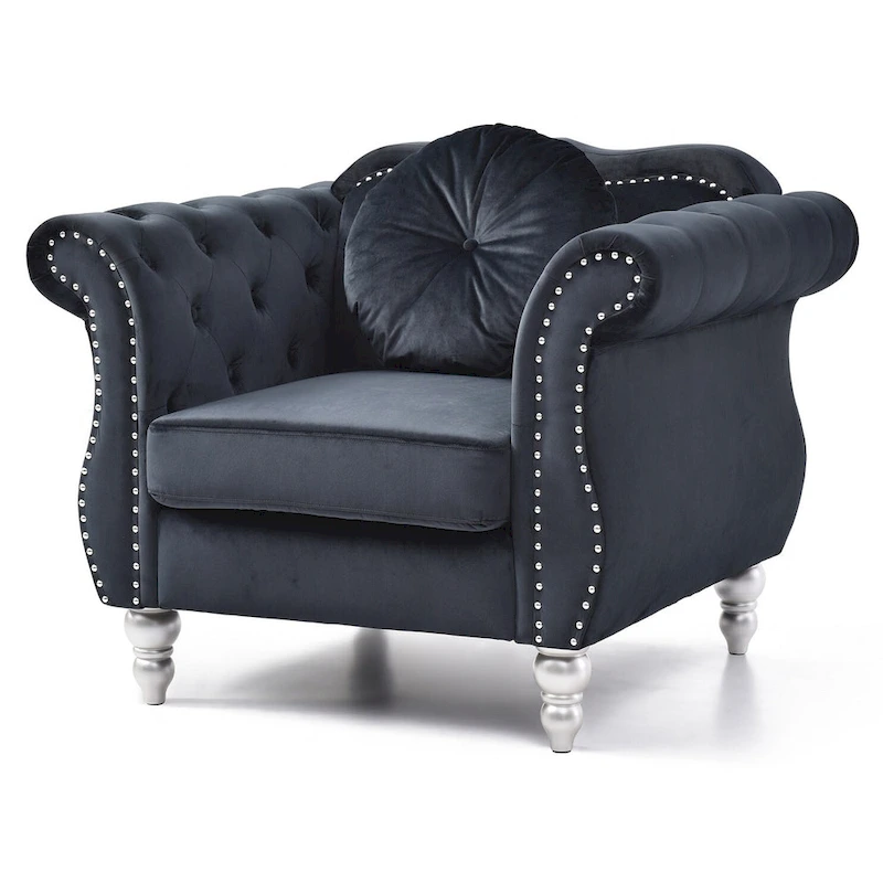 Hollywood Chesterfield Tufted Velvet Accent Chair with Round Throw Pillow - 39L x 35W x 34H