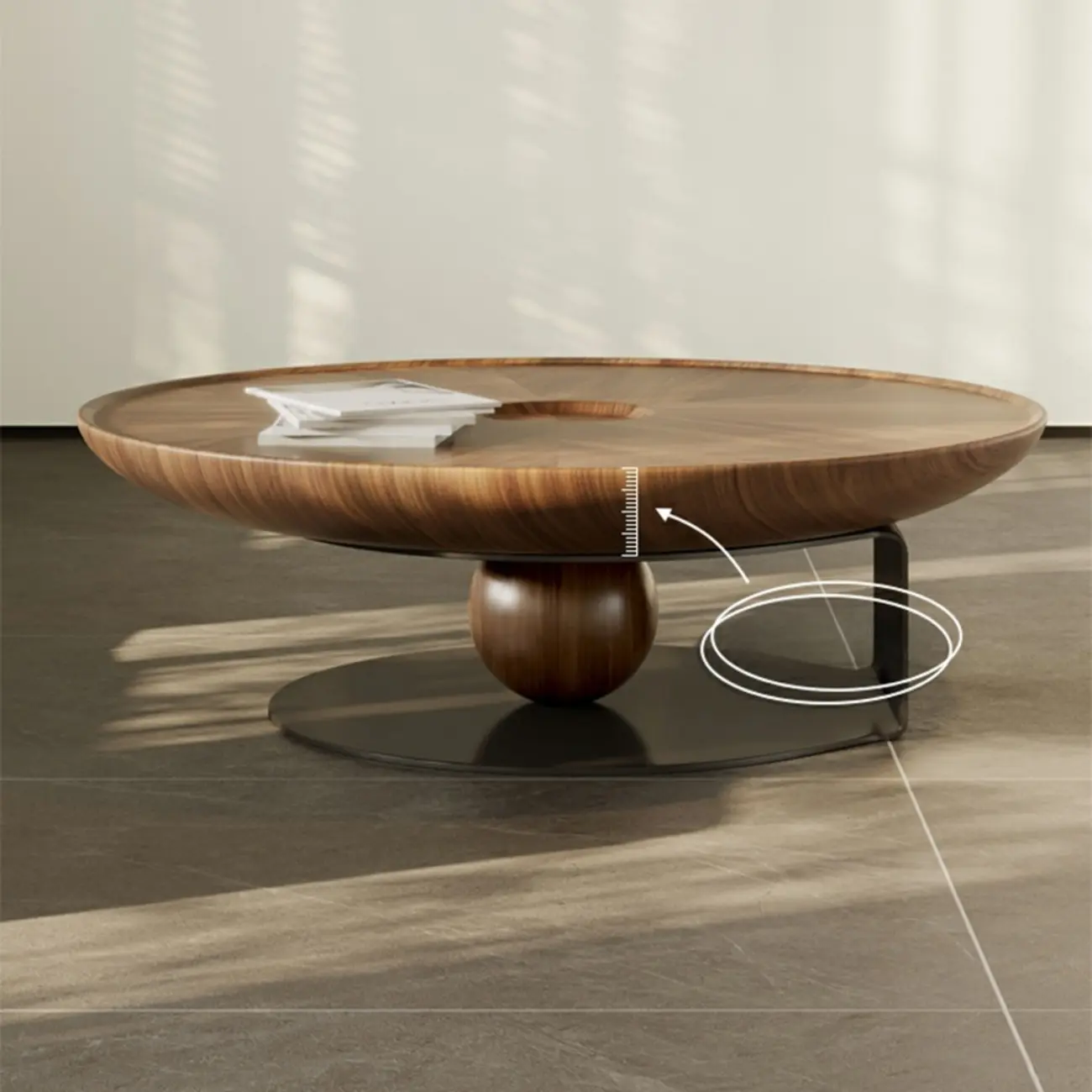 Tray Top Wood Walnut Abstract Base Round Coffee Table
