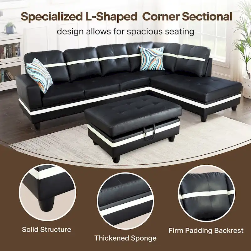 L-Shape Semi PU Leather Living Room Sofa Set with Ottoman,3-Piece