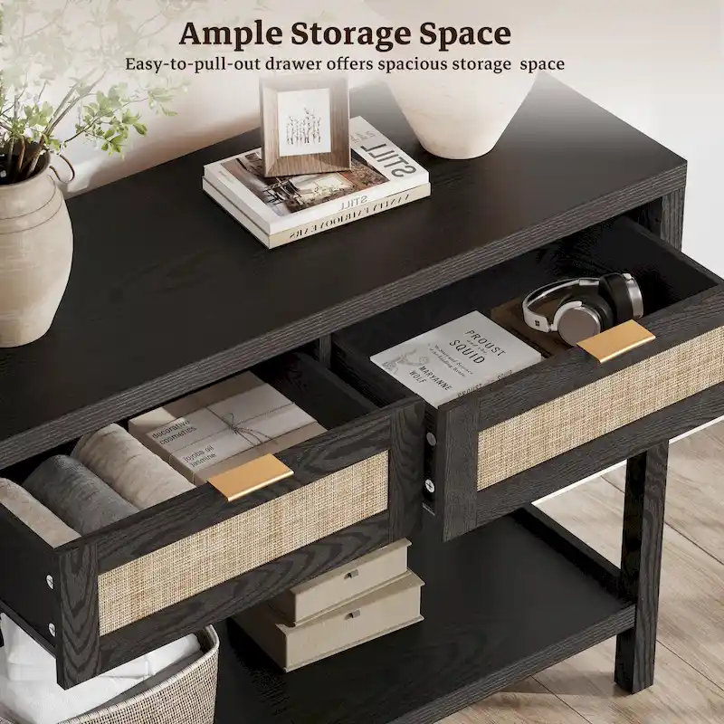 SICOTAS Rattan Console Table with 2 Drawers and Shelves - 30 x 39.4 x 13.8