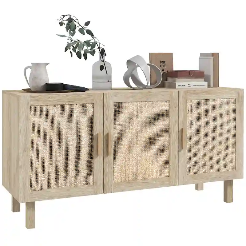 Sideboard Buffet Cabinet, Kitchen Cabinet, Coffee Bar Cabinet with 3 Rattan Doors and Adjustable Shelves, Natural Mixed