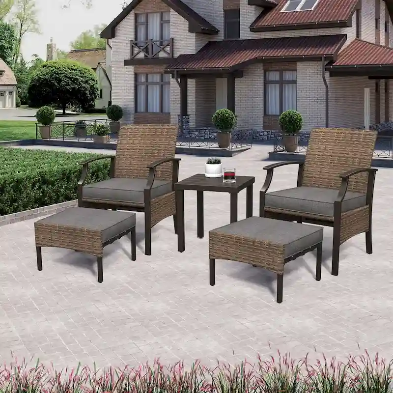 5 PCS Patio Conversation Set with Cushions with Coffee Table & Ottoman