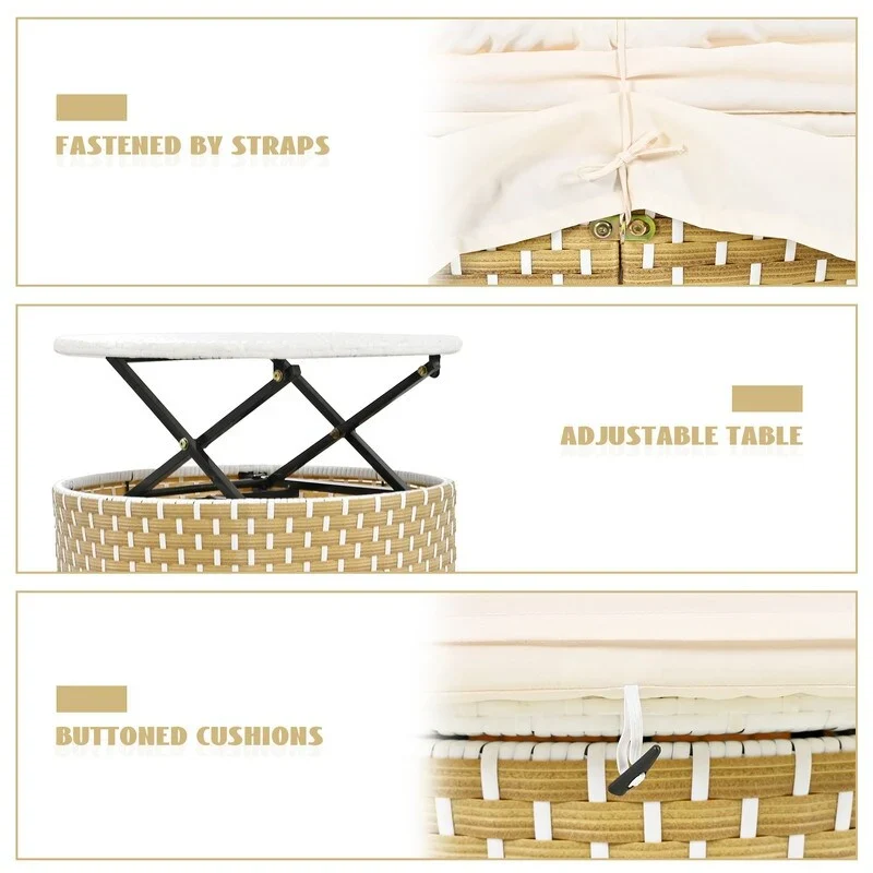 Round Patio Sectional Sofa Set  Two-Tone Rattan Daybed with Retractable Canopy & Modular Seating