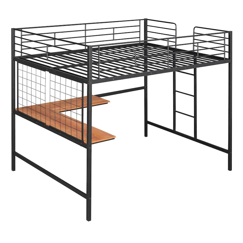 Black Full Size Metal Loft Bed with Desk, Ladder & Grid