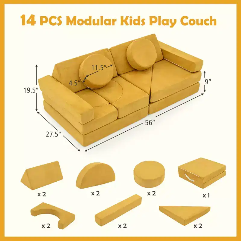 Costway 14 PCS Modular Kids Play Couch Child Sectional Sofa Toddler Soft Playset Blue/Gray/Yellow