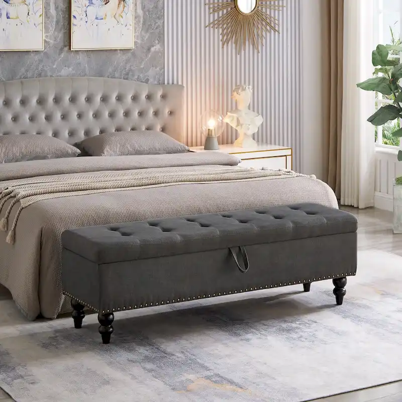 Soft Fabric Upholstery Storage Bench with Solid Wood Legs and Bronze Nails